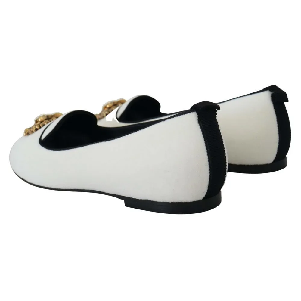 Dolce & Gabbana Elegant White Velvet Loafers with Gold Heart Detail - Picture 5 of 9